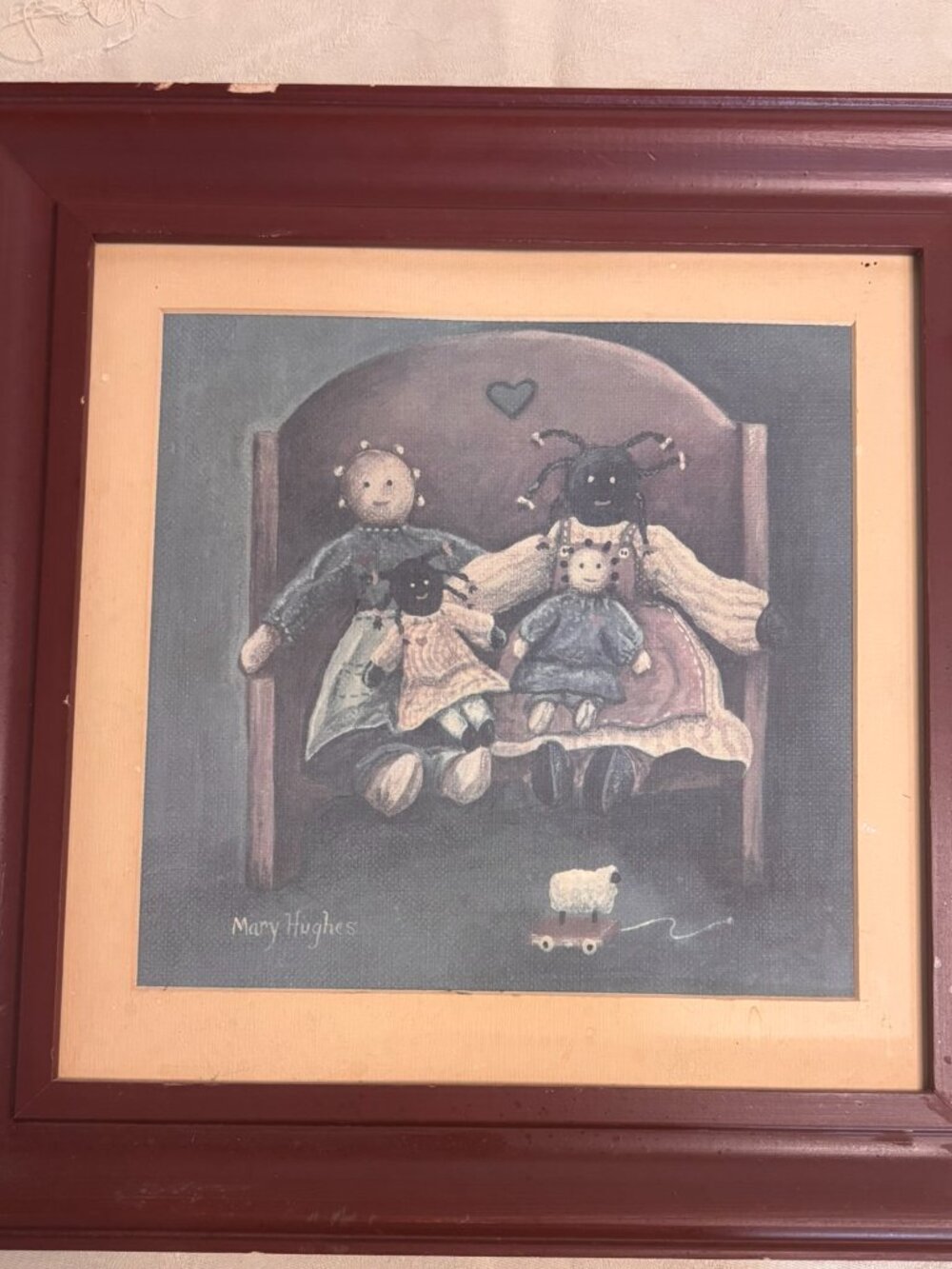 VTG Mary Hughes Framed Folk Aert Print Primitive Rag Dolls Americana